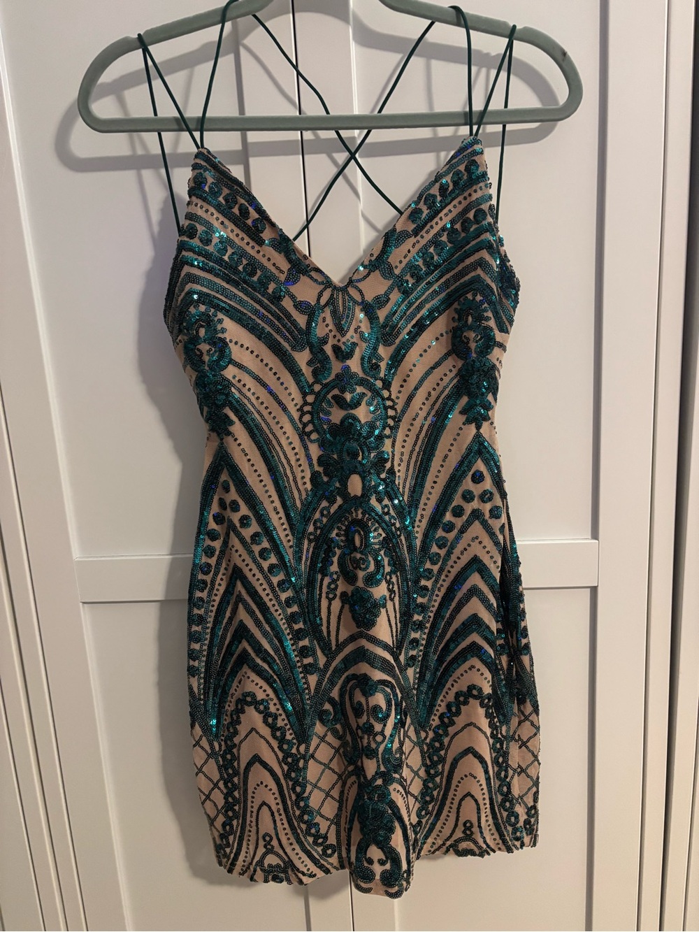 Windsor Teal Sequin Nude Strappy Mini Dress NWT SUZE large